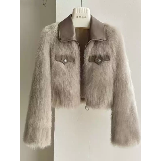 海宁毛毛皮领外套仿狐狸皮草年轻女短款时尚2025年新款小个子显瘦
