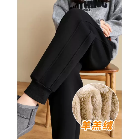 加绒运动裤女秋冬加厚休闲卫裤一体羊羔绒宽松束脚一条过冬棉裤子