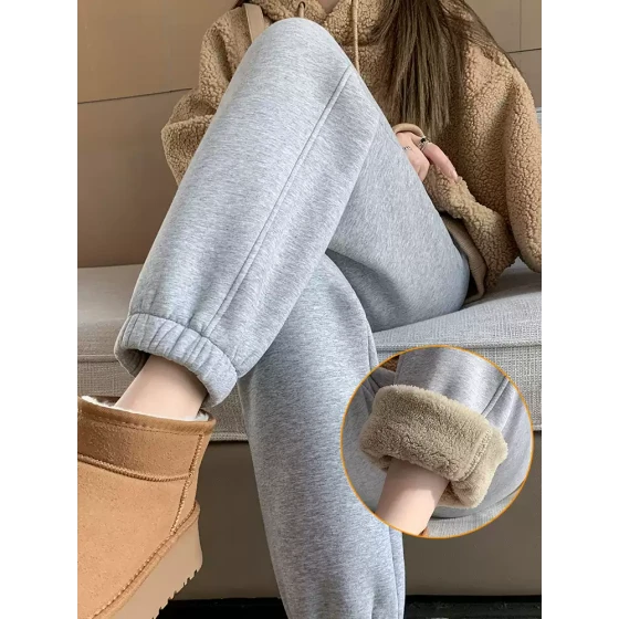 加绒运动裤女秋冬2025新款加厚灰色卫裤高腰束脚冬季羊羔绒棉裤子