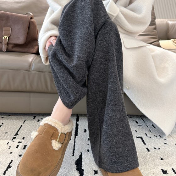 灰色加绒糯米阔腿裤女秋冬高腰宽松bf慵懒风休闲加厚羊毛呢直筒裤