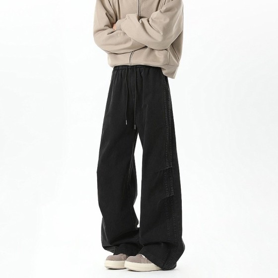 美式褶皱水洗直筒工装裤男复古宽松高街阔腿休闲长裤